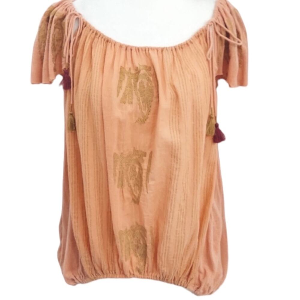 Free People Embroidered Peasant Top in Coral (Orange) with Gold & Burgundy XS - Picture 2 of 8
